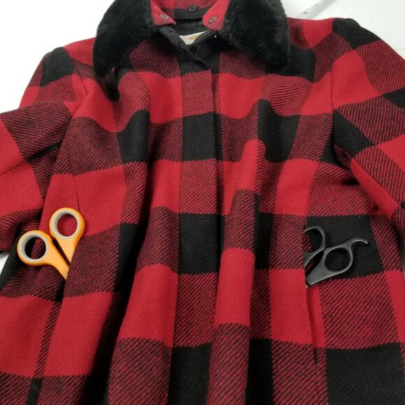 Talbots Italy Red Black Jacket Wool / Lined Faux Fur Collar Removeable EUC 10 P - Picture 4 of 10